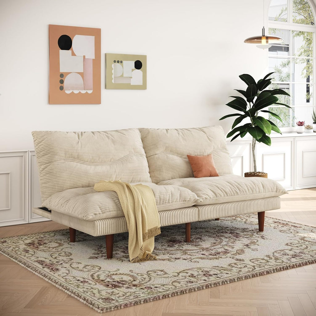 LLappuil Futon Sofa Bed, 69 inch Futon Couch with Adjustable Backrest, Corduroy Convertible Sleeper Sofa Bed, Folding Sleeper Recliner, Loveseat for Apartment, Living Room, Office (Beige)