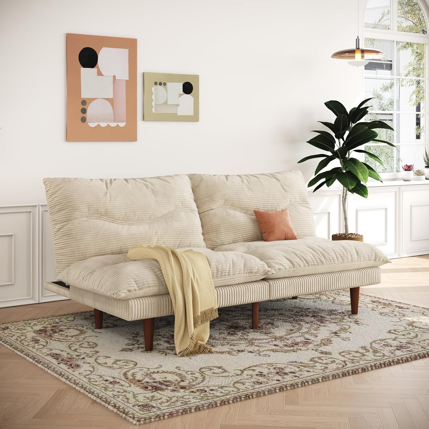 LLappuil Futon Sofa Bed, 69 inch Futon Couch with Adjustable Backrest, Corduroy Convertible Sleeper Sofa Bed, Folding Sleeper Recliner, Loveseat for Apartment, Living Room, Office (Beige)