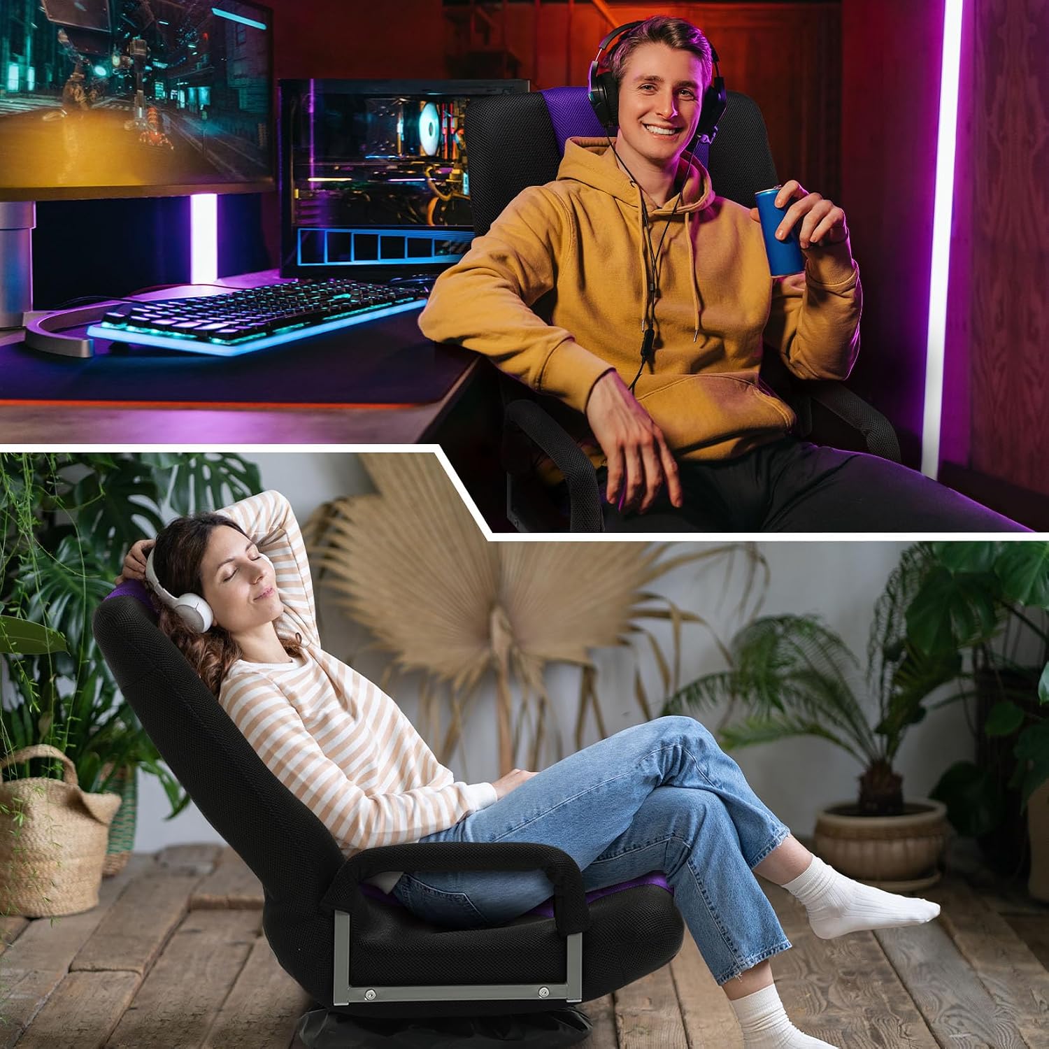 Swivel Gaming Chair Multipurpose 2PACK Floor Gaming Chair for Playing Video Games, TV, Reading w/Armrest Lumbar Support & 6 Adjustable Postion Backrest for Adults,Purple