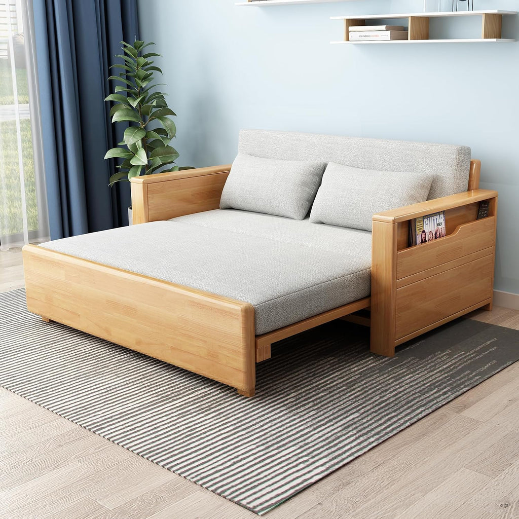 71'queen convertible sofa sleeper,grey cushion sectional sleeper with reversible chaise,wood couch bed 3 in 1 pull out sofa bed,log color sofa for livingroom,apartment,bedroom,office with storage