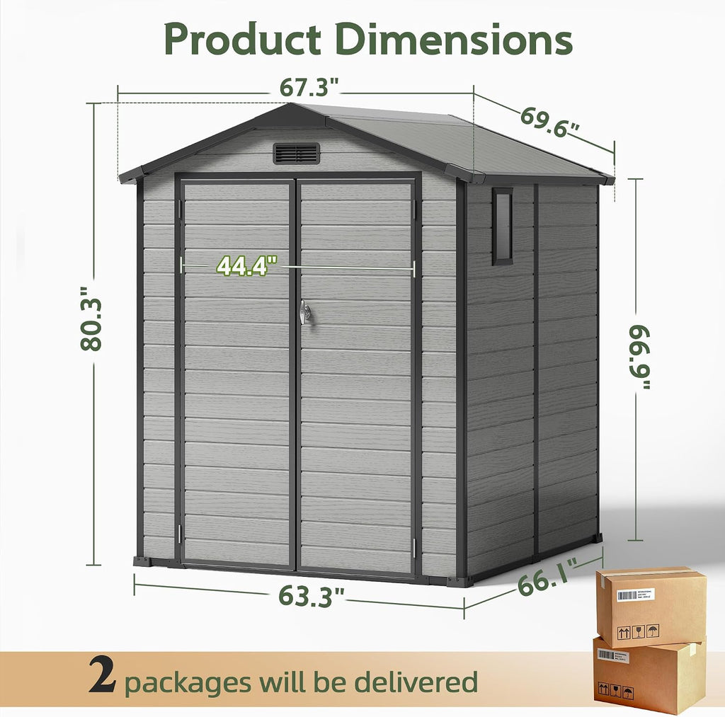 6X6 FT Plastic Outdoor Storage Shed, Double Door Tool Shed with Vent, Lockable Door with Key, Storing Patio Furniture, Gardening Tools, and Bicycle Accessories