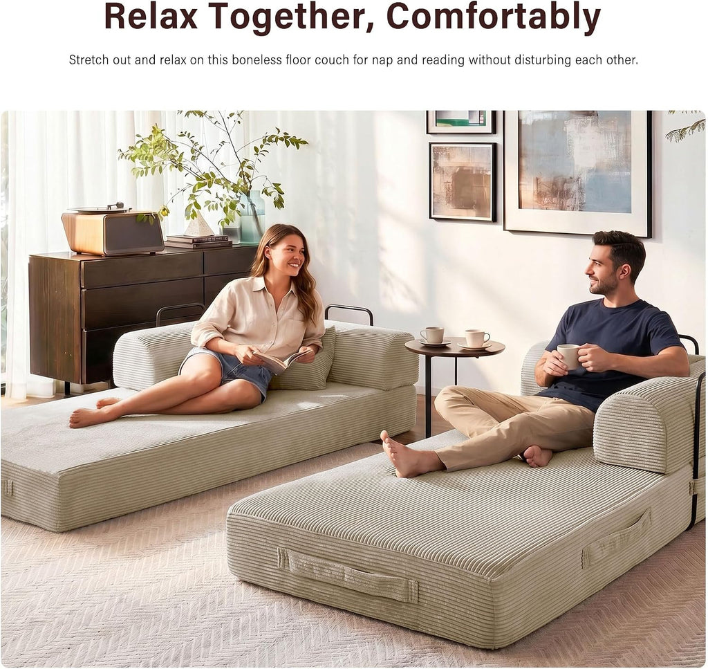 79' Convertible Sofa Bed, 5-in-1 Corduroy Boneless Couch Bed Sofa Pull Out, Memory Foam Couch, No Assembly Futon Couches for Living Room (Beige)