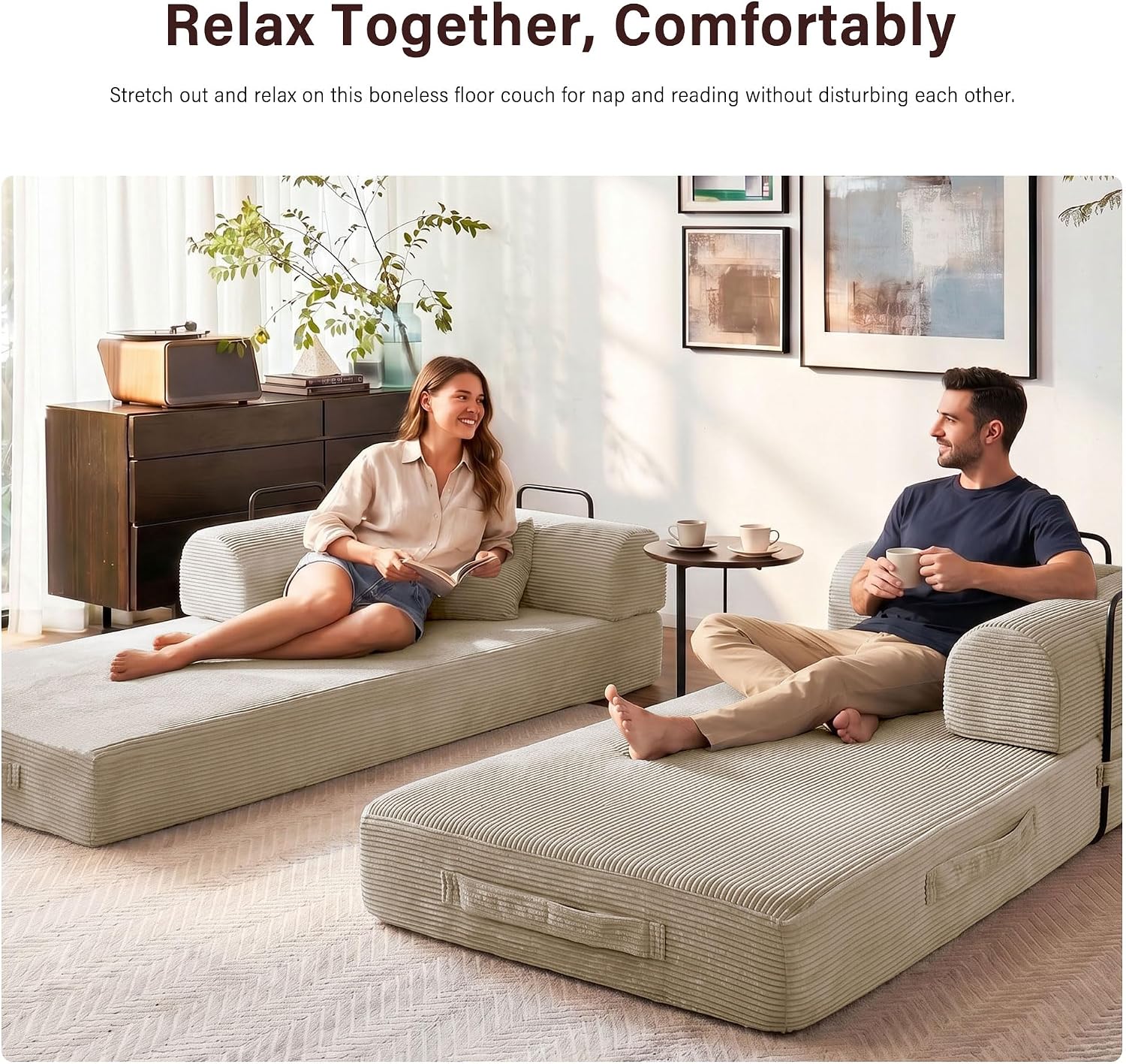 79' Convertible Sofa Bed, 5-in-1 Corduroy Boneless Couch Bed Sofa Pull Out, Memory Foam Couch, No Assembly Futon Couches for Living Room (Beige)
