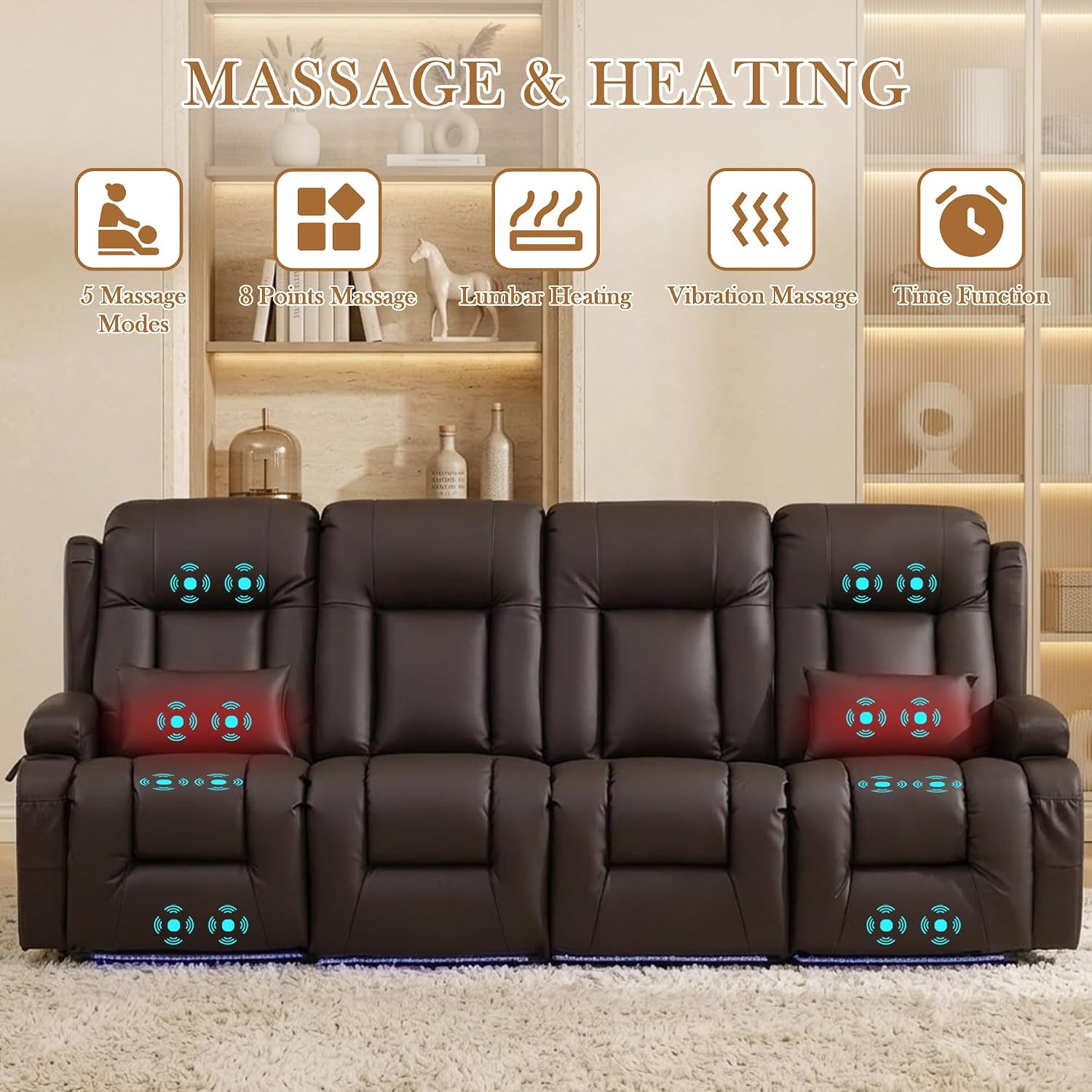 TUNYI Power Loveseat Recliner Sofa with Massage & Heat Home Theater Seating with Console RV Recliner Loveseat Sofa with USB/Storage/Side Pocket/LED Light/Speaker (Brown, 4 Seat)
