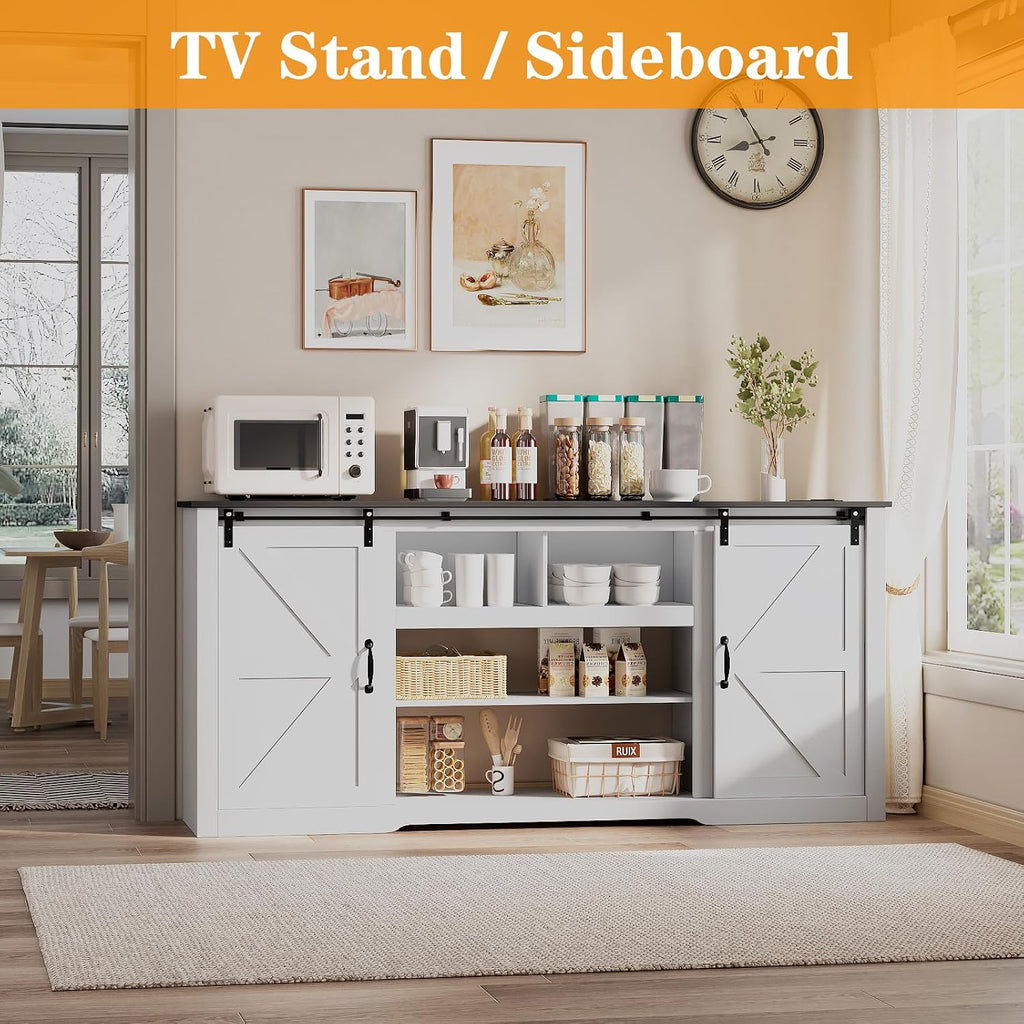 GarveeLife 70 in Farmhouse TV Stand with Power Outlets for Televisions Up to 80 in TVs, Sliding Barn Door & Large Storage Cabinets with Adjustable Shelf, 32 in Tall TV Media Console, White