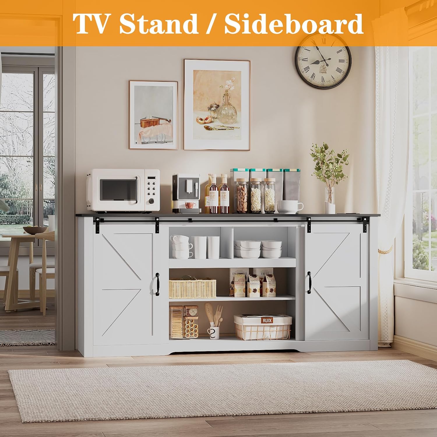 GarveeLife 70 in Farmhouse TV Stand with Power Outlets for Televisions Up to 80 in TVs, Sliding Barn Door & Large Storage Cabinets with Adjustable Shelf, 32 in Tall TV Media Console, White