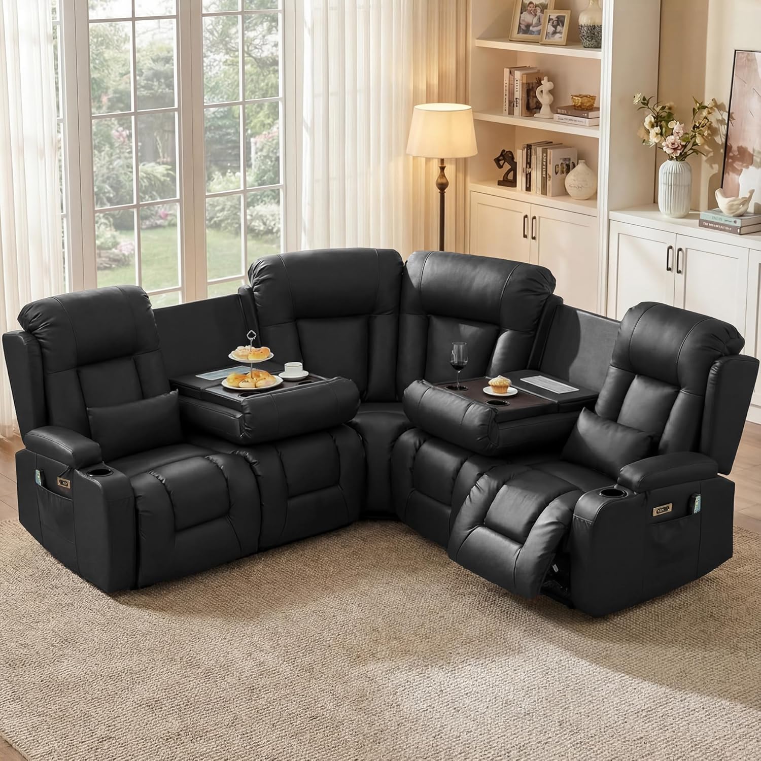 TUNYI Power Loveseat Recliner Sofa with Massage & Heat Home Theater Seating with Console RV Recliner Loveseat Sofa with USB/Storage/Side Pocket/LED Light/Speaker (Black, 4 Seat with Corner)