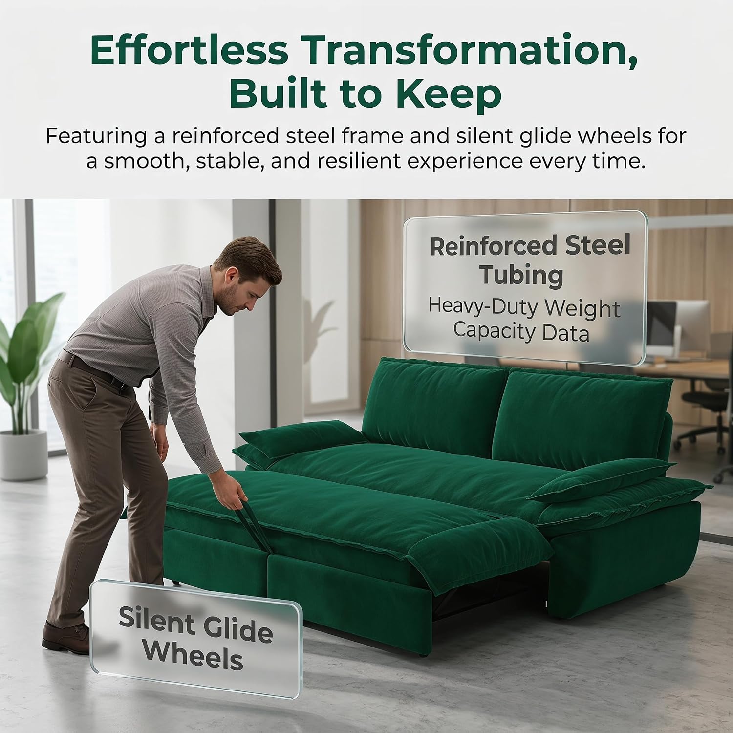 73.2' Sofa Bed Queen, 3-in-1 Pull Out Sofa Bed with Pillow Armrest, Modern Velvet Convertible Sleeper Futon Sofa for Living Room Small Space, Apartment, Bedroom, Green