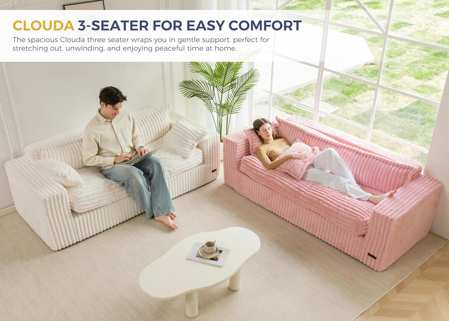 MAXYOYO 76' Bean Bag Sofa Couch, Loveseat Boneless Couch in a Box, Upholstered Small Mini Sofa with Deep Seating for Living Room Bedroom Office Apartment, Pink