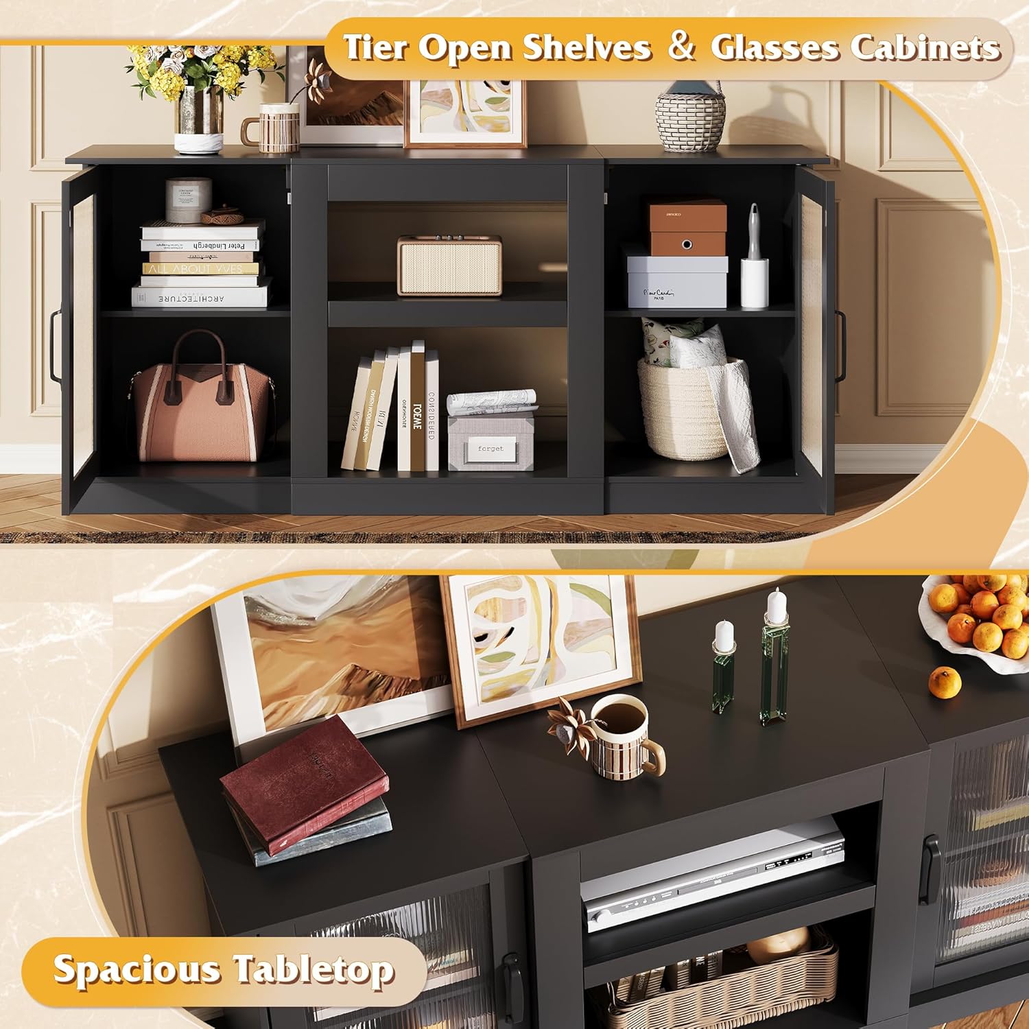 WLIVE Farmhouse TV Stand for 65 inch TV, 58' Entertainment Center with Storage Cabinets, Open Shelves TV Console for Living Room and Bedroom, Black