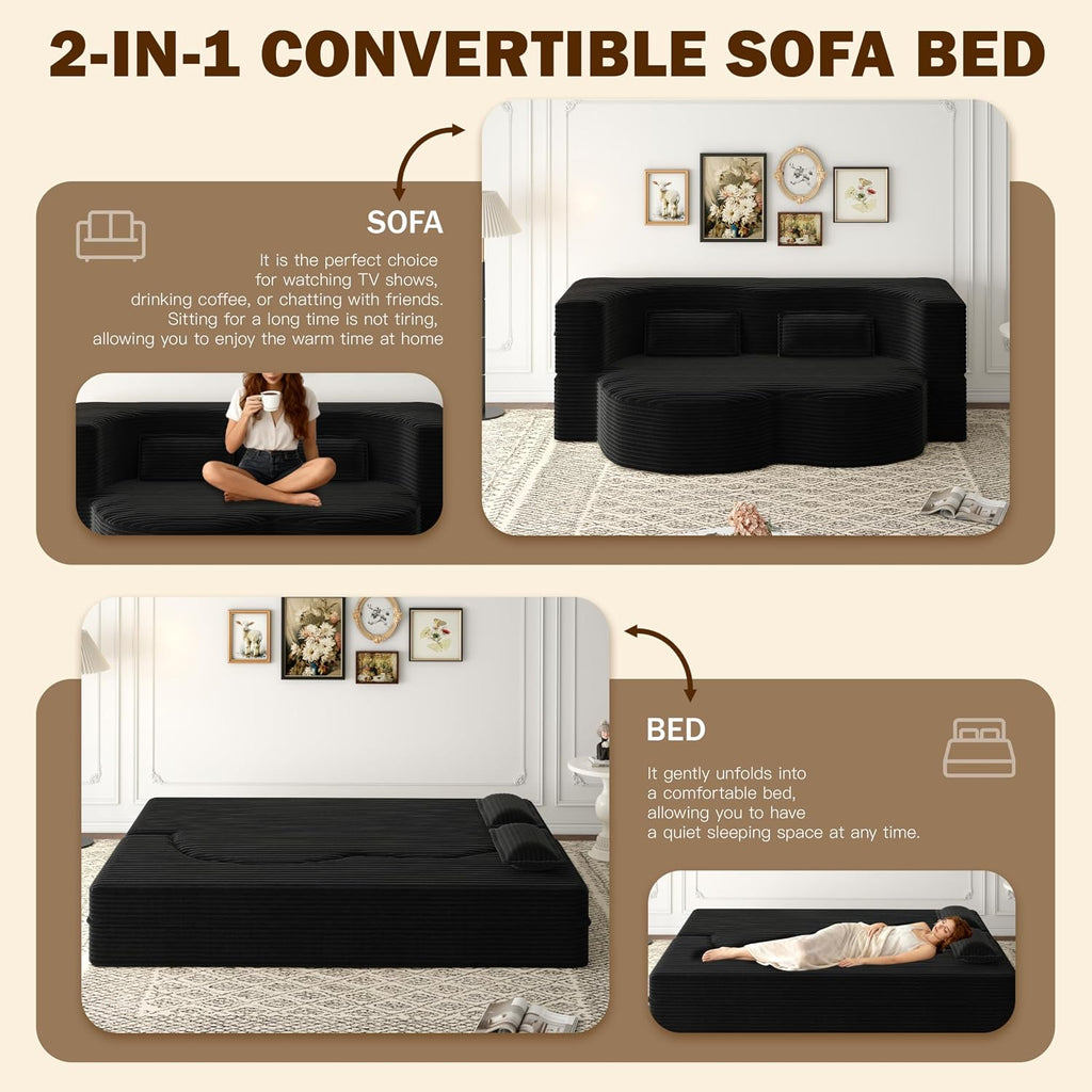 ALAMHI 78' Full Size Floor Sofa, Folding Queen Sleeper Couch, Futon Loveseat Sofa, Plush Corduroy Foam-Filled Sleeper Couch Bed, Fold Mattress Bed for Living Room, Guest Use, Office, Apartment, Black