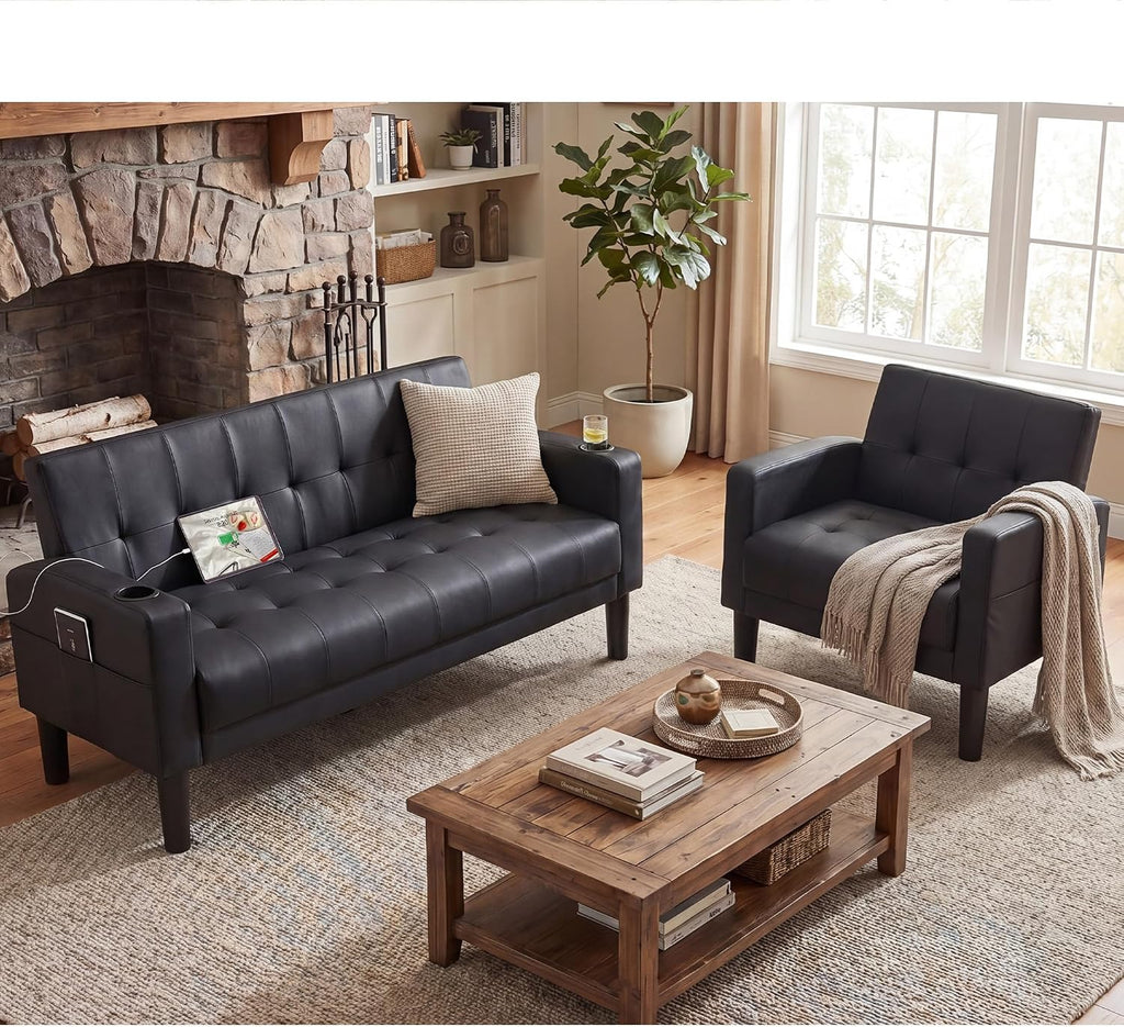 TYBOATLE Sofa Couch 62' W Loveseat w/ 2 USB Charger Ports & 2 Cupholders, Mid-Century Modern Black LeatherTufted Small Love Seat Couches for Office,Compact Living Room,Bedroom,Apartment,Dorm (2)
