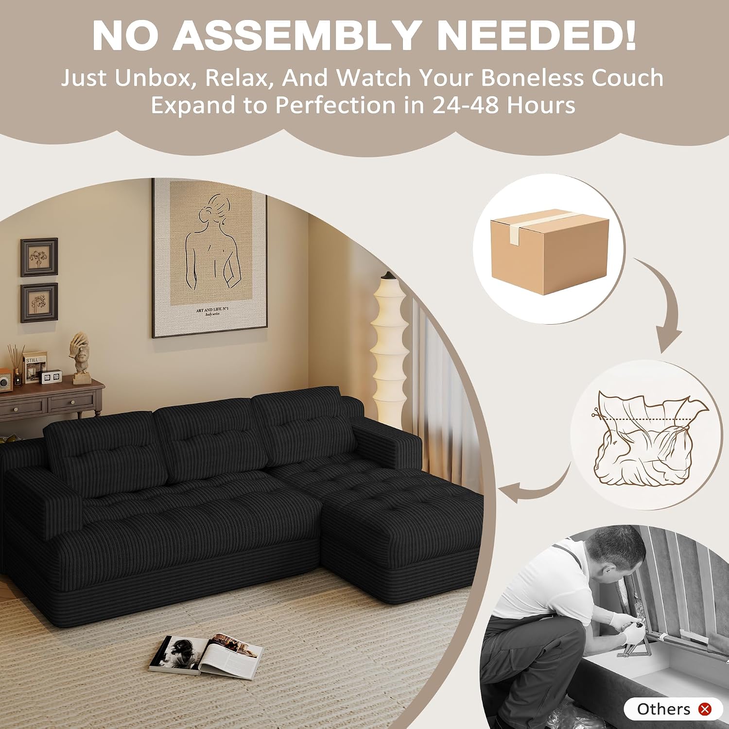 Boneless Couch, 2026 New Boneless Sectional Couch with Deep Seat & Chaise for Small Spaces, Upholstered Cloud Couch Sectional Boneless Couches for Living Room, No Assembly, Right Facing Chaise, Black