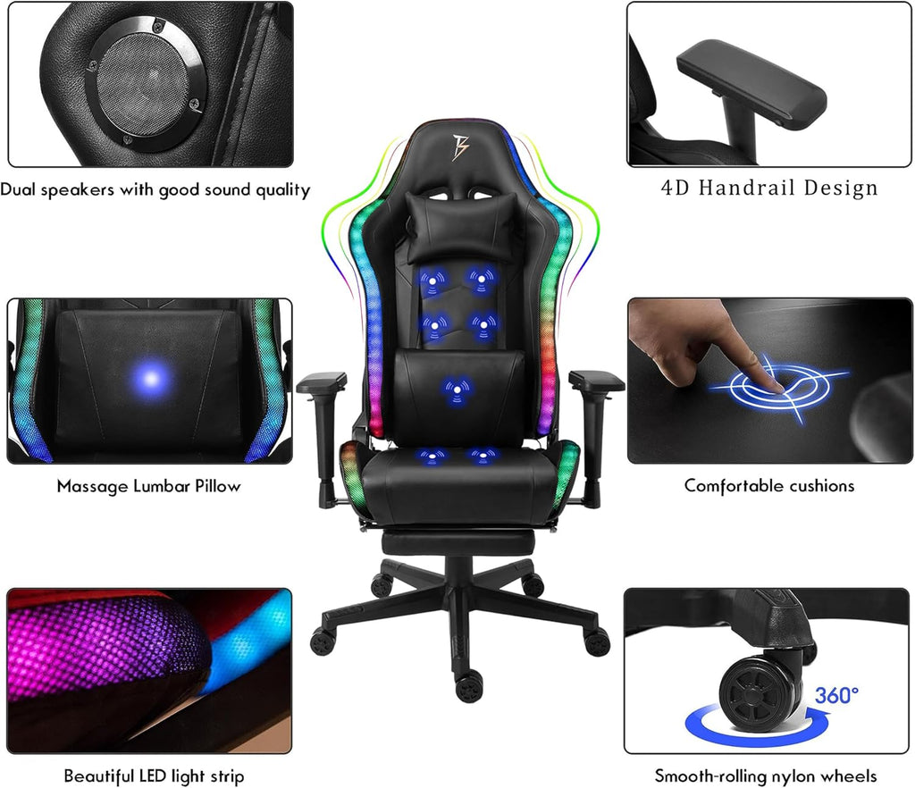 Adult Video Gaming Chair with 7-Point Massage Function and Speakers,Ergonomic Gaming Chair with Footrest and Lumbar Support,PU Leather, 360° Swivel,180° Tilt High Back Office Chair.,Black