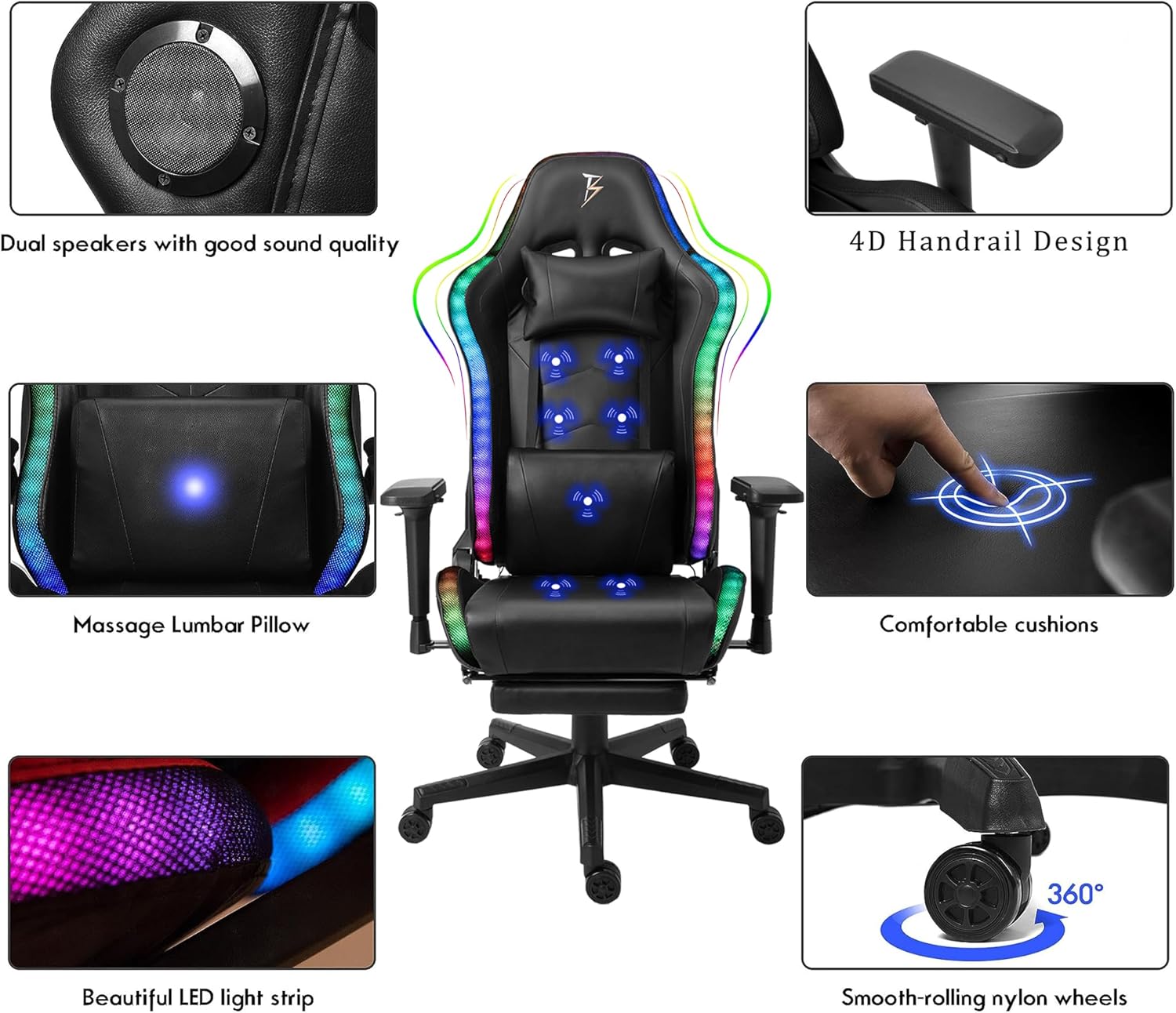 Adult Video Gaming Chair with 7-Point Massage Function and Speakers,Ergonomic Gaming Chair with Footrest and Lumbar Support,PU Leather, 360° Swivel,180° Tilt High Back Office Chair.,Black