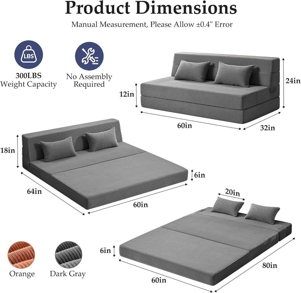 Youzi Folding Sofa Bed Convertible Sleeper Chair with Pillow, 4-in-1 Foldable Mattress Futon Couch Bed to Lounge Chair for Living Room, Bedroom, Dorm & Guest, Washable Cover, Dark Gray, Queen