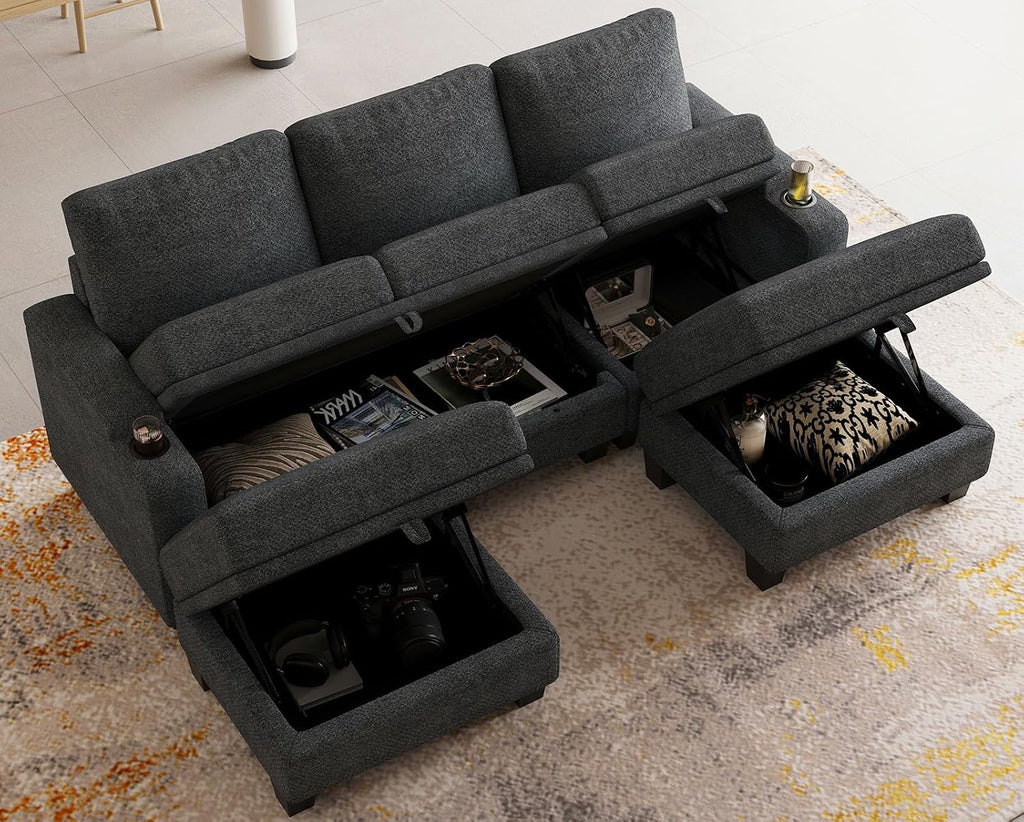 Belffin Small Corner Modular Sectional Couches for Living Room U Shaped Couch with Cup Holder Dark Grey Couch
