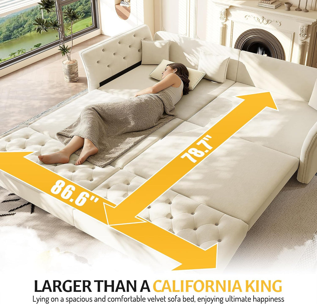 100'' Sleeper Sofa Bed California King Size, Flower Tufted Pull Out Couch, Chesterfield Velvet Futon Couches, Comfy Convertible Modern 4 seat Sofa, 4 Pillows for Living Room, Apartment, Beige
