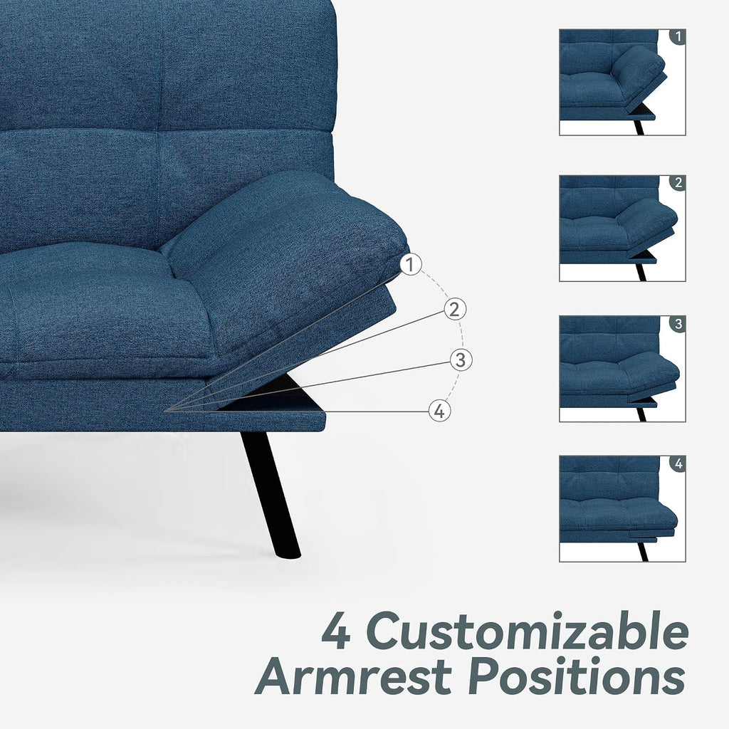 Vyfipt Convertible Futon Sofa Bed, Blue Linen Futon Couch with Adjustable Backrest & Armrests, Folding Small Recliner Sleeper Sofa Bed for Living Room, Apartment, Office