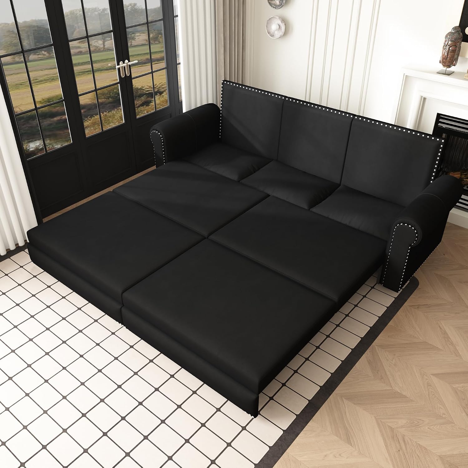 93.7' King Pull Out Sofa Bed, Velvet Sleeper Sofa Couch, 3 in 1 Convertible Futon Couches for Living Room, Small Space, Apartment, Office, Bedroom, Modern Rivet Armrest, Black