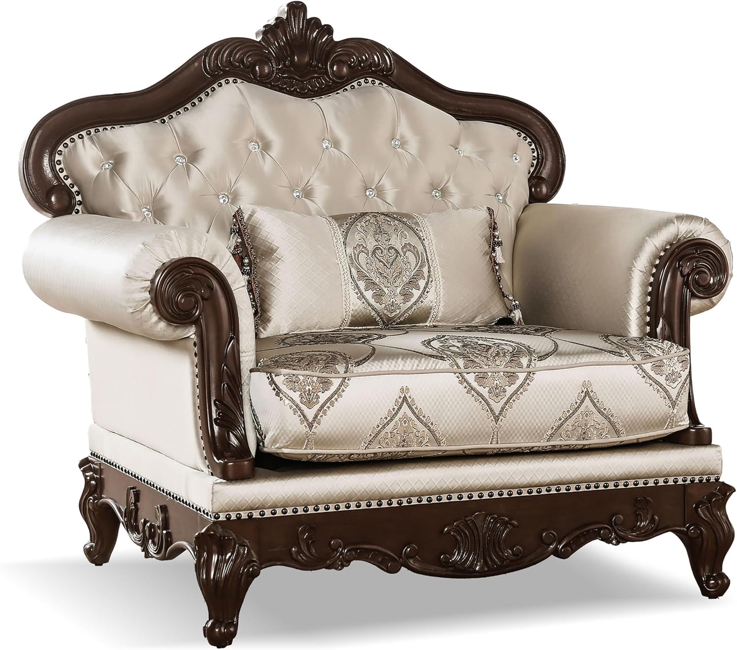 Furniture of America Adelaide Traditional Upholstered Sofa with Rolled Armrests and Button Tufted Back, Wooden Comfortable Couch for Living Room, Office, Bedroom, 1-Seater Chair, Dark Cherry/Beige