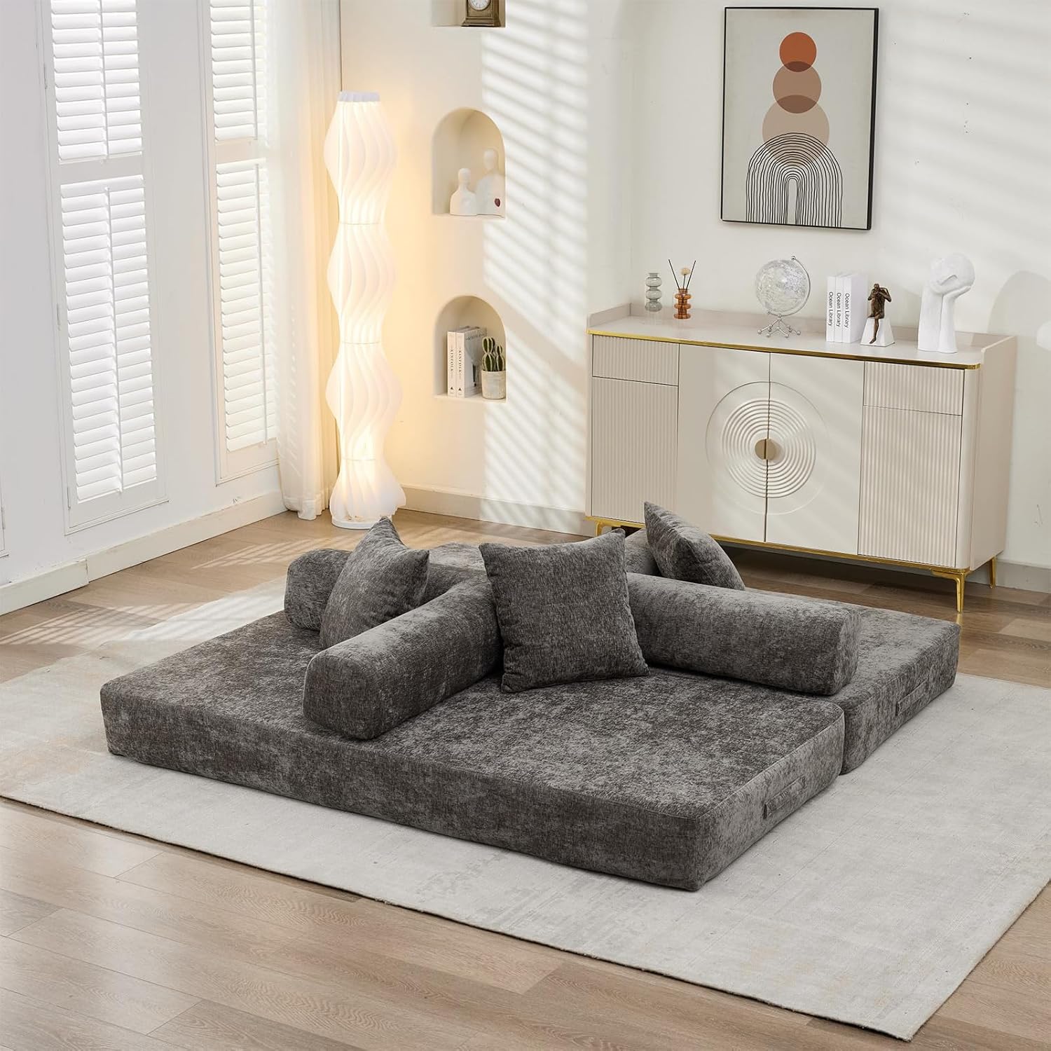 Futon Sofa Bed, Modular Convertible Folding 3 Seater Chenille Foam Floor Loveseat Sleeper Sofa Couch with 3 Pillows, No Assembly Compressed Boneless Couch, for Living Room Bedroom Guest Room, Grey