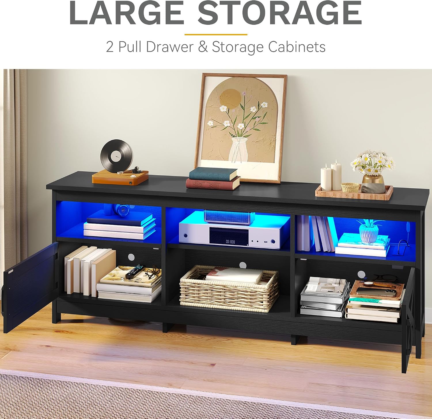 DWVO Farmhouse TV Stand with Power Outlets & LED Lights, Entertainment Center for TVs up to 80', TV Console with Storage Cabinets & Open Shelves for Living Room (Black)