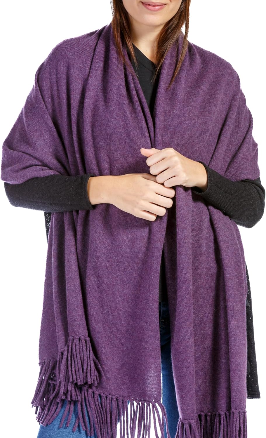 Fishers Finery Women's 100% Cashmere Knit Shawl Wrap with Fringe | Oversized 78' long by 28' wide