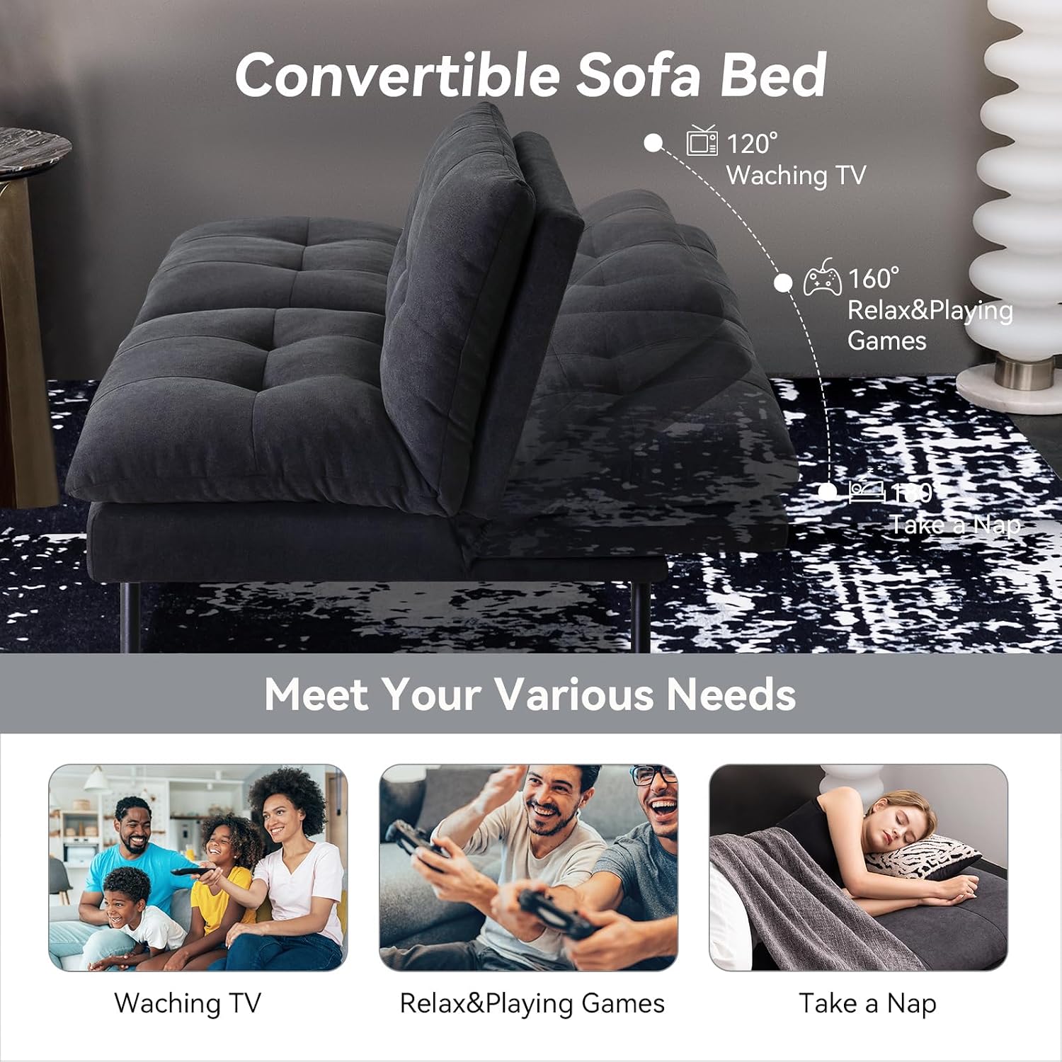 Hcore Polyester Memory Foam Convertible Futon Sofa Bed, Small Splitback Loveseat, 68' L x 32.3' W x 30.7' H, Black