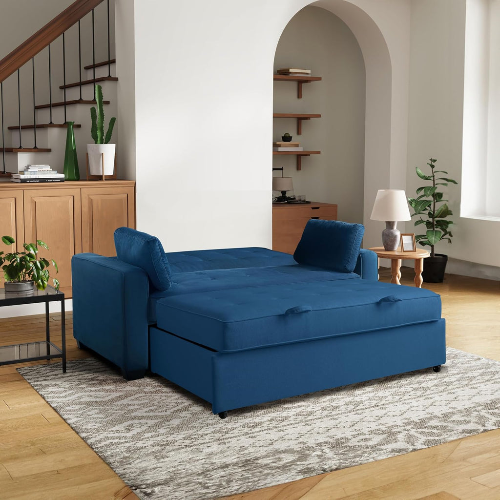 Serta Ainsley 72.6' Convertible Sleeper Sofa, Queen Size, Dreamcoil Comfort, Soft Velvet Fabric, Navy