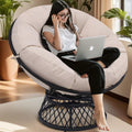 KROFEM 46' Giant Oversized Ergonomic Rattan Papasan Chair with Soft Thick Cushion for Adults, Fluid 360° Swivel, Waterproof, Black Frame with Beige Cushion