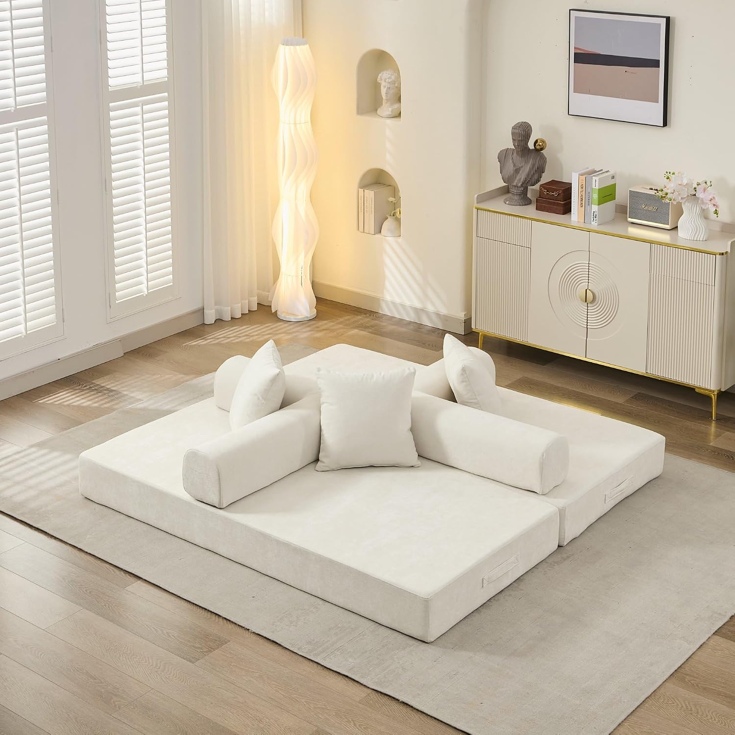 Deolme 3 in 1 Convertible Futon Sofa Bed, Modern King Size Chenille Loveseat Sleeper Sofa Folding, 3-Seater Foldable Lounger Couch Bed for Living Room, Bedroom Guest Room (Beige, 3 Throw Pillows)