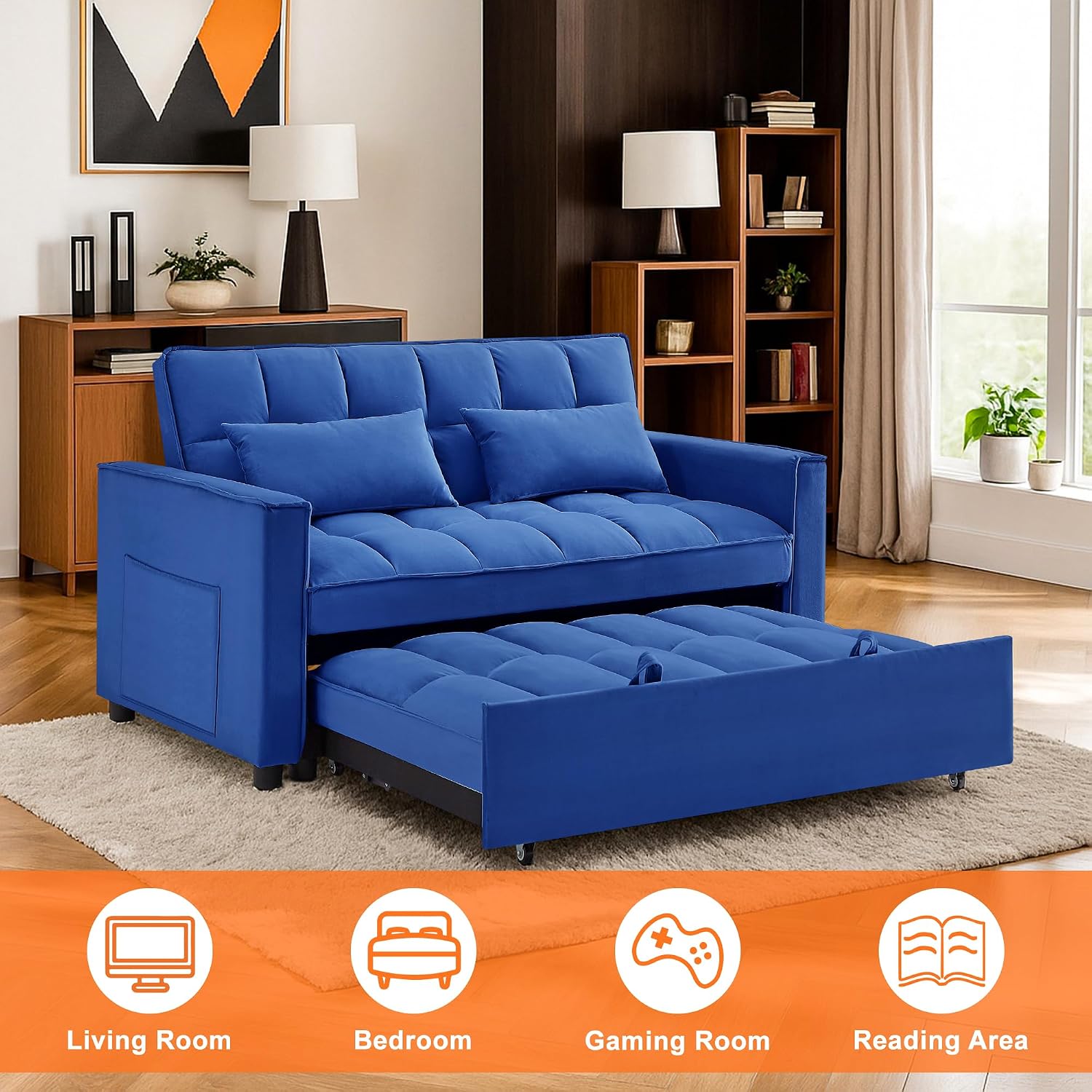 3 in 1 Convertible Sleeper Sofa Bed,Futon Pull Out Couch with Adjustable Backrest,Velvet Fabric Loveseat Sofa with Side Pocket for Bedroom, Living Room