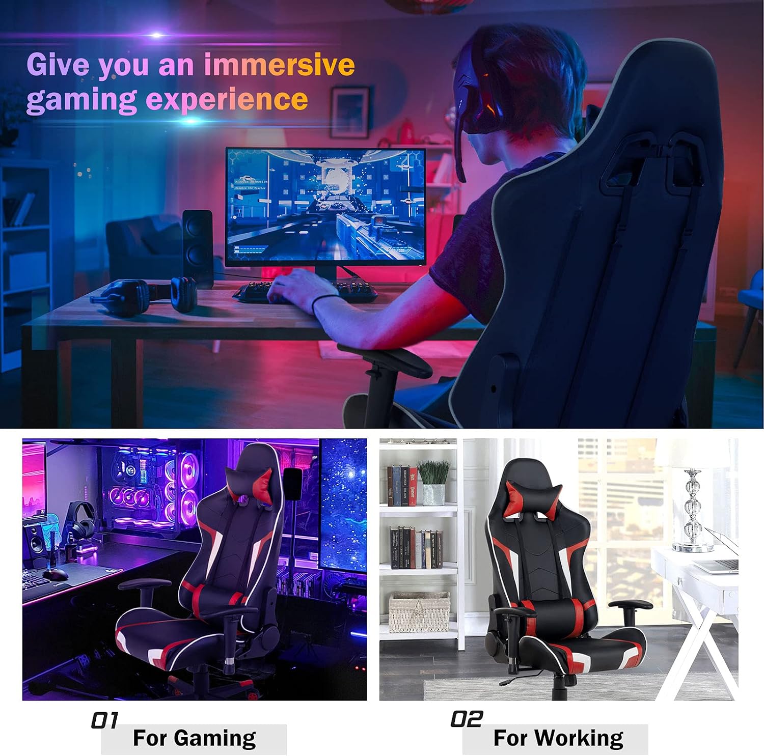 GORELAX Massage Gaming Chair, Reclining Game Room Computer Chairs for Adults w/Lumbar Support, Adjustable Arms, Wheels, Racing Style Home Office Chair for Heavy People (Red)