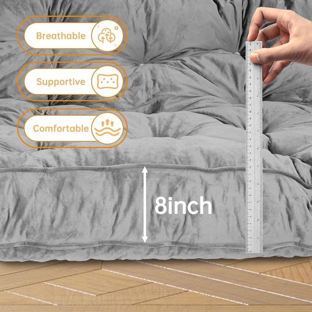 8' Full Size Futon Mattress Sofa Bed, Extra Thick Foldable Floor Mattress, Shredded Foam Filling for Adults/Teens/Pets with No Assembly Needed, Frame Not Included - Grey