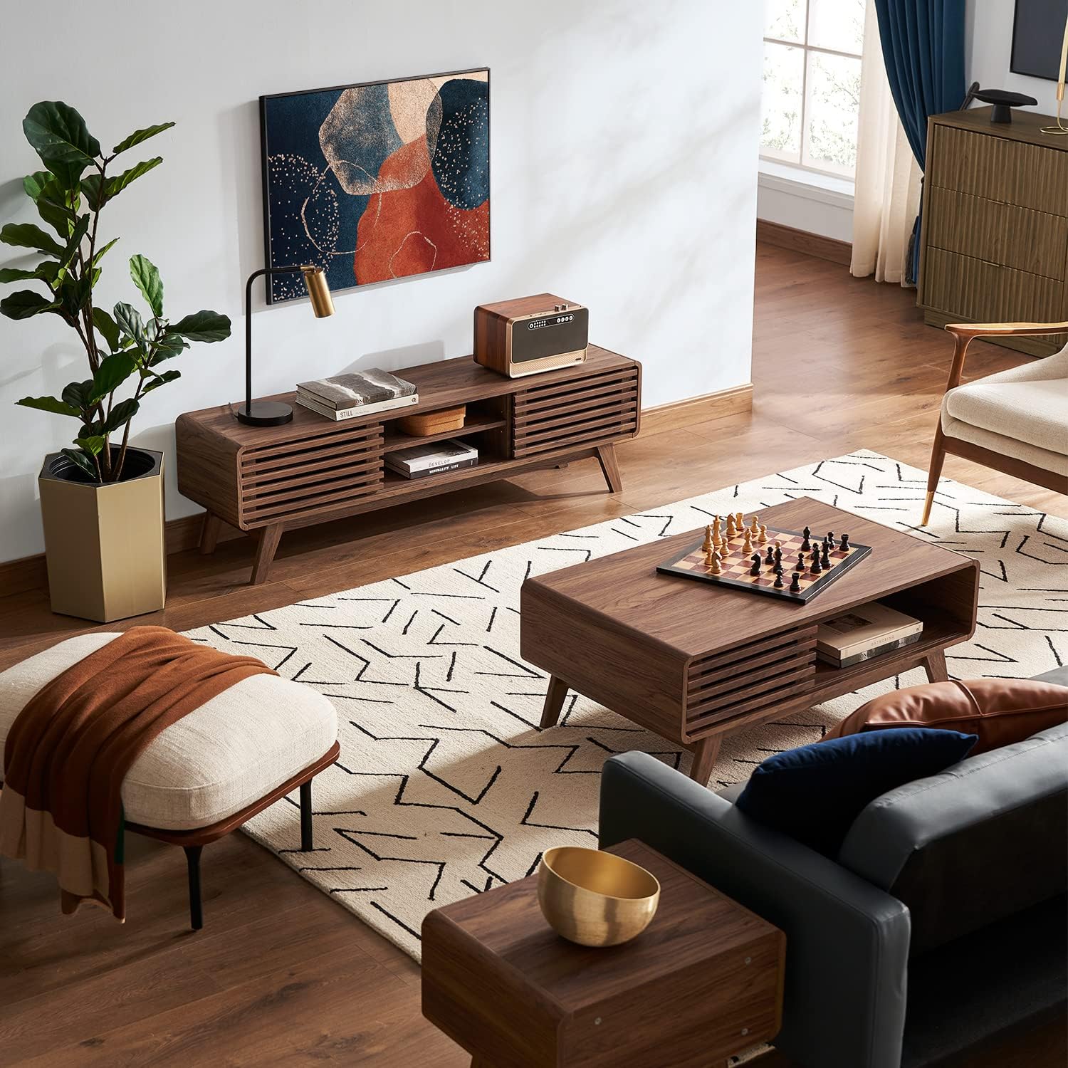 mopio Ensley TV Stand, Mid Century Modern for 55/60/65 inch TV, Farmhouse TV Stand, Entertainment Center with Storage, TV and Media Console for Living Room (Walnut, 59 inch Low)