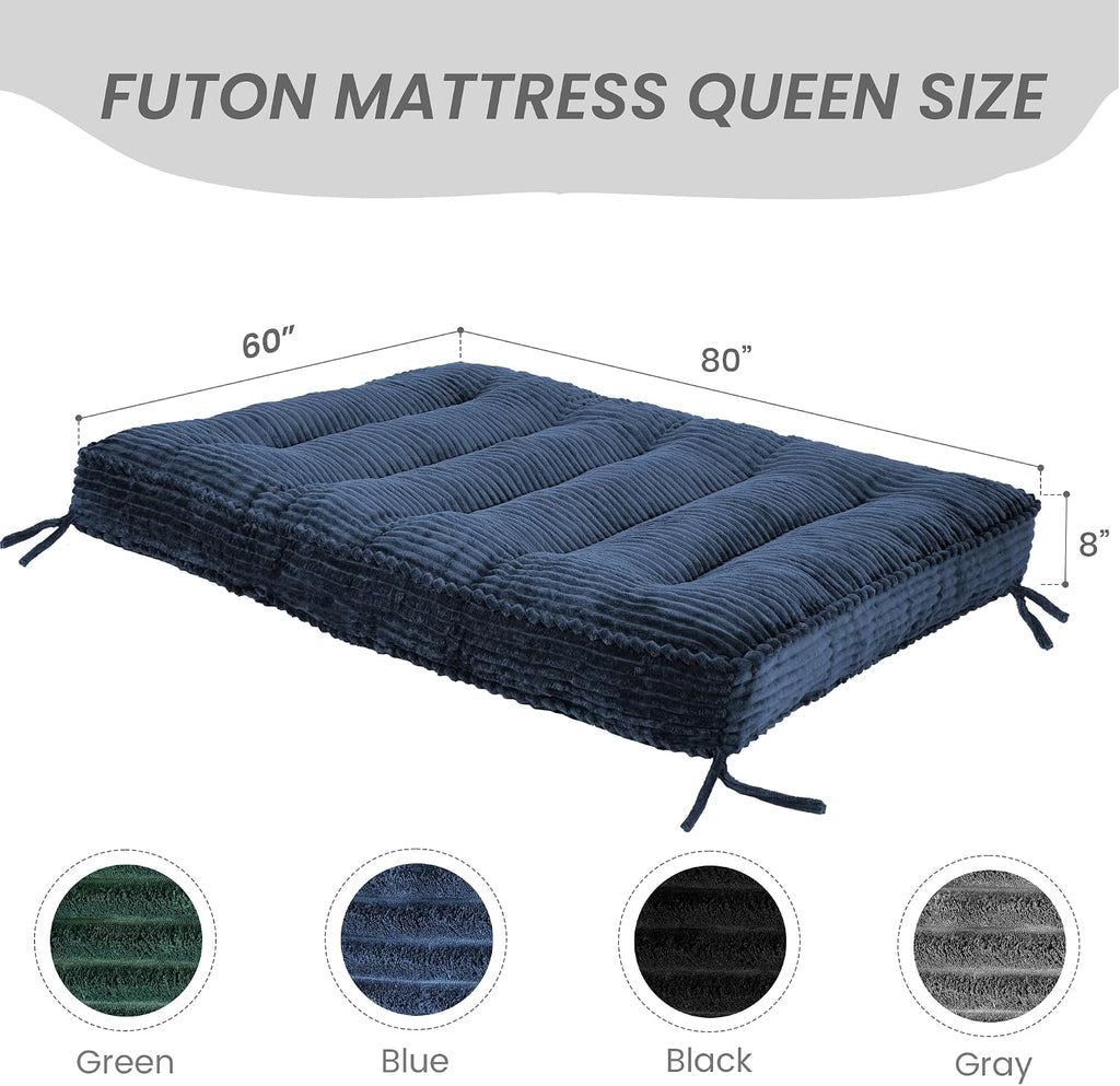 8' Futon Mattress Full Size 54' x 80', Futon Sofa Couch Bed with Twisted Rope Design Edging, Extra Thick Corded Floor Futon Mattress Sleeping Mat for Adults, Camping, Dorm, Blue(Frame Not Included)