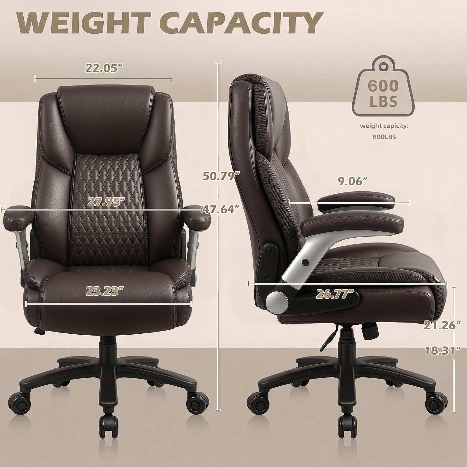 Lembeir 600lbs Big and Tall Office Chair with Flip up Armrest, Heavy Duty Executive Office Chair for Heavy People, High Back Computer Chair with Adjustable Lumbar Support,Brown