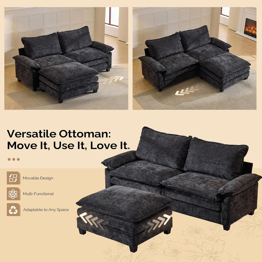 VINGLI 87' Convertible Sectional Sofa,L-Shape Deep Seat Sofa Couch for Living Room,Modern Chenille 2 Seat Loveseat Sofa with Ottoman for Small Space(Black, 87')