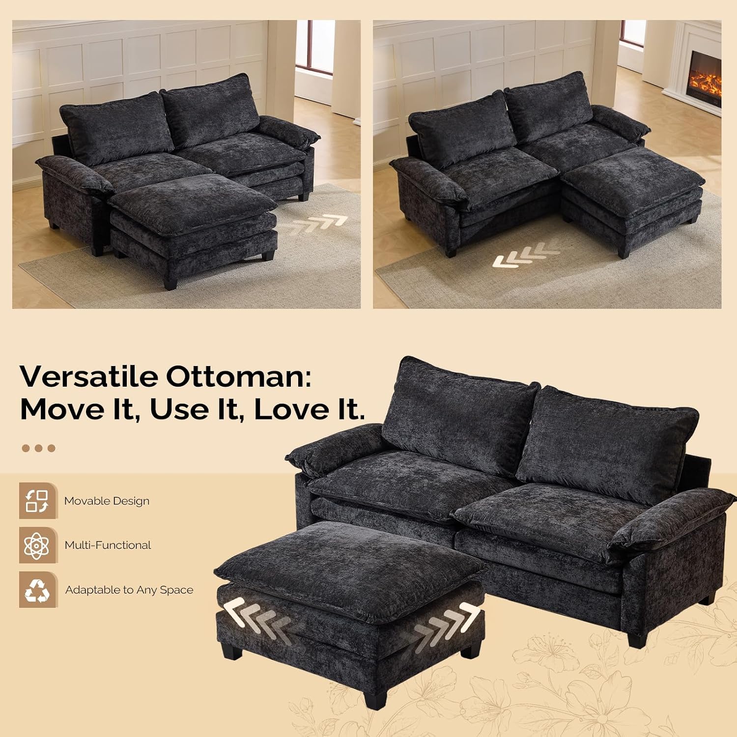 VINGLI 87' Convertible Sectional Sofa,L-Shape Deep Seat Sofa Couch for Living Room,Modern Chenille 2 Seat Loveseat Sofa with Ottoman for Small Space(Black, 87')