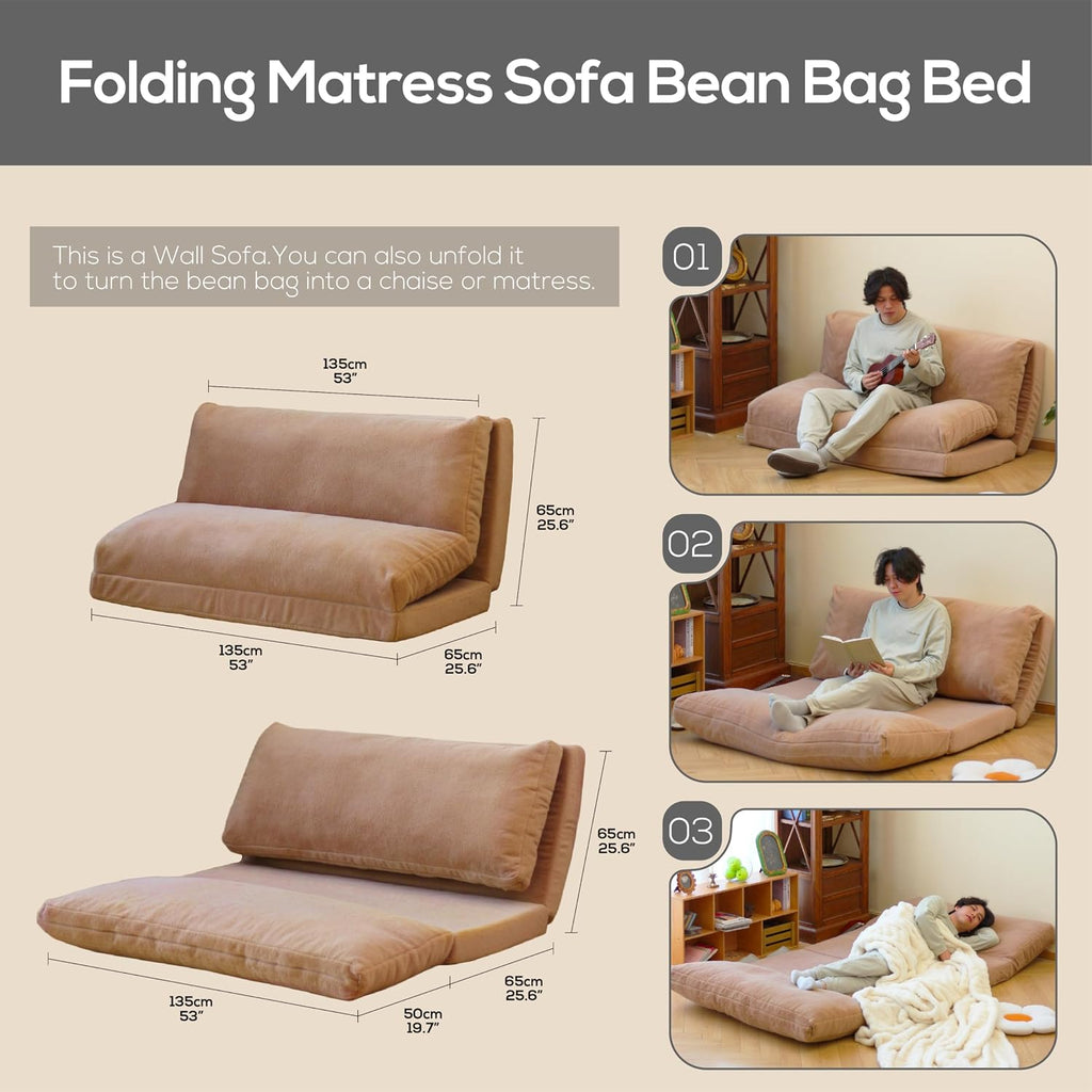 N&V Folding Matress Sofa Bean Bag Bed, Foam Filling Folding Matress Sofa, Includes Removable and Machine Washable Cover, Soft Premium Faux Fur (Large, Brown)