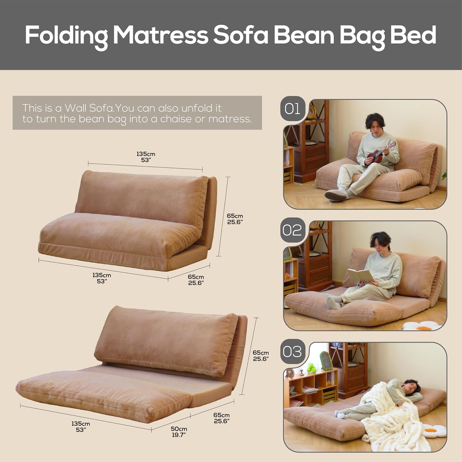 N&V Folding Matress Sofa Bean Bag Bed, Foam Filling Folding Matress Sofa, Includes Removable and Machine Washable Cover, Soft Premium Faux Fur (Large, Brown)