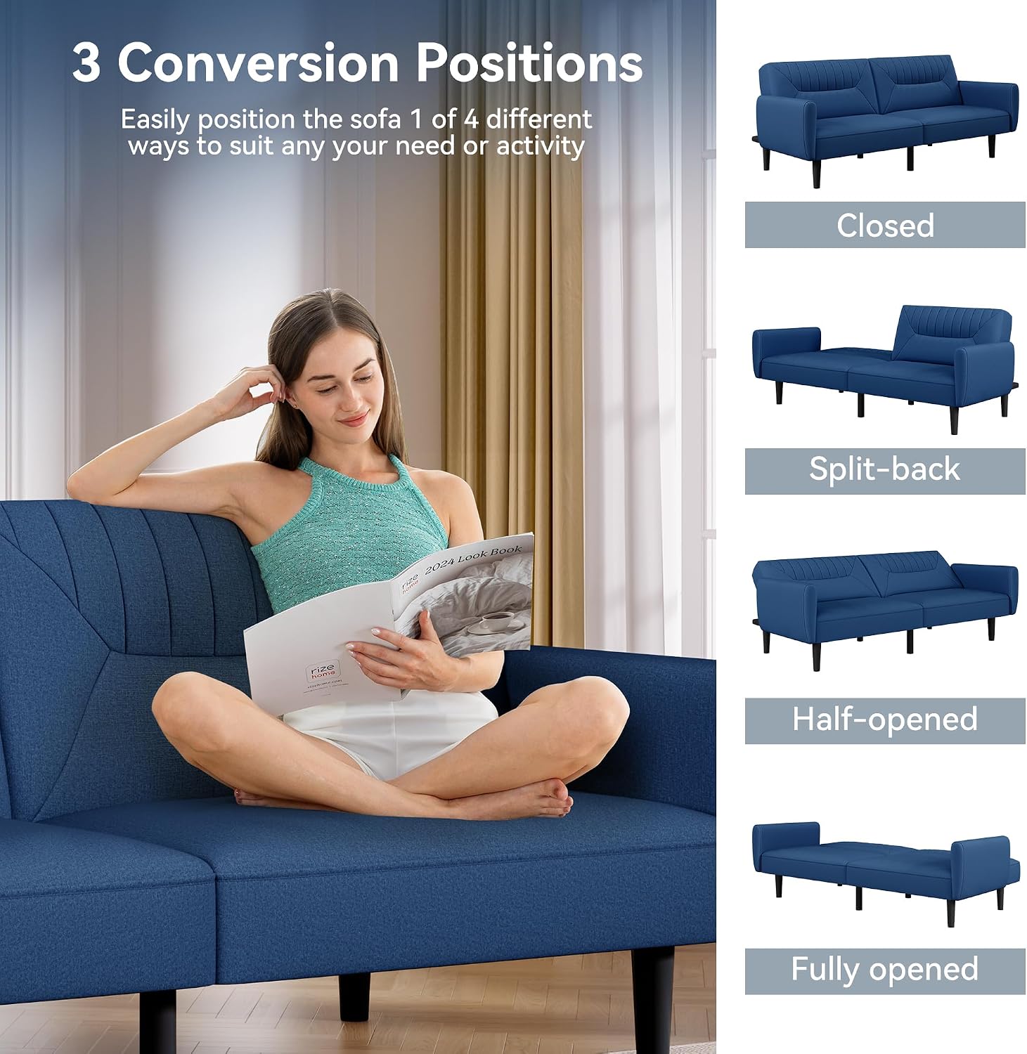 Futon Sofa Bed,75.8' Linen Fabric Comfy Futon Couch Bed,3 Seater Convertible Sleeper Sofa with Adjustable Backrests,Modern Folding Loveseat for Living Room,Office,Apartment,Bedroom,Blue