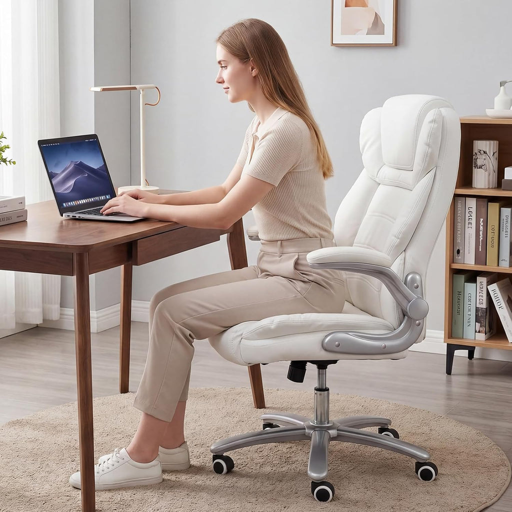 GYI Big and Tall Office Chair 400lb Wide Seat, Ergonomic High Back Leather Executive Desk Chair with Flip-up Arms, White