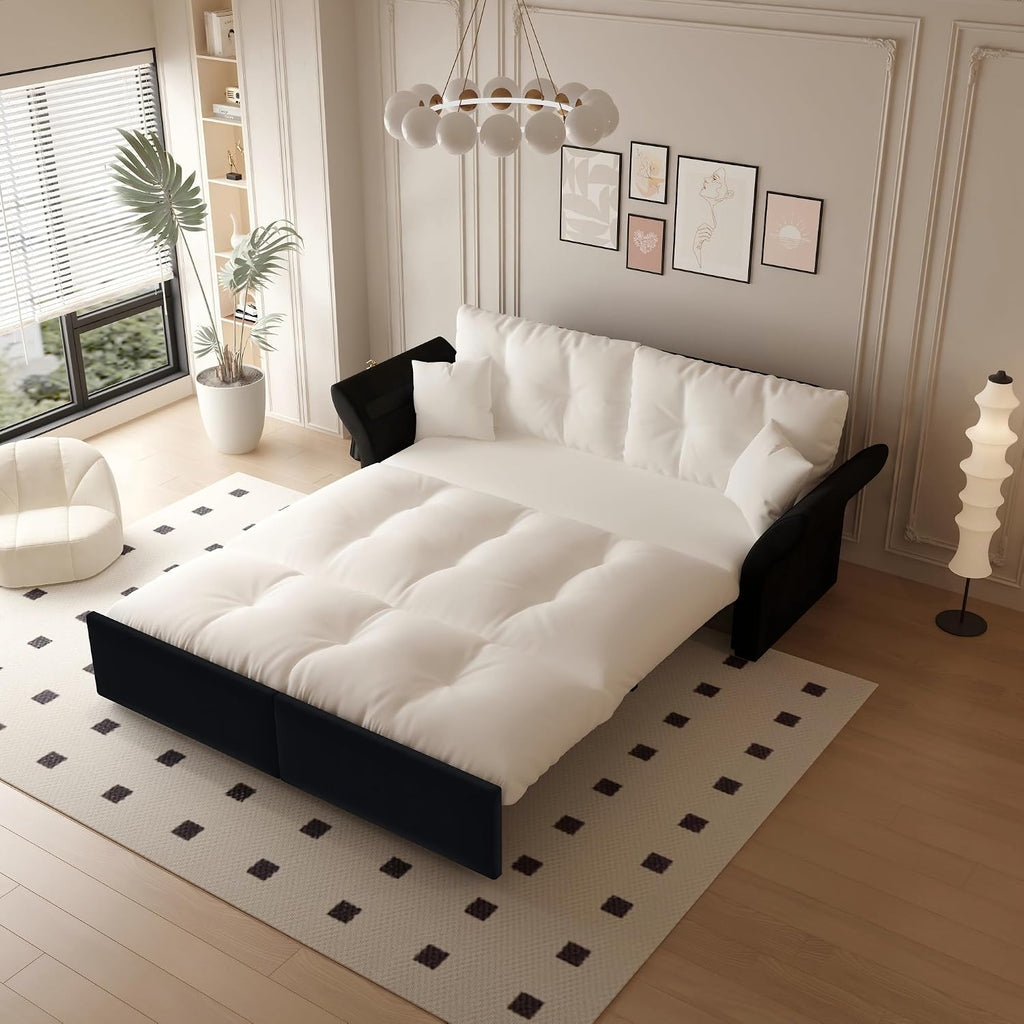 3-in-1 Multi-Functional Sleeper Sofa Bed Convertible Queen Size Pull Out Couch Bed, Tufted Velvet Cloud Loveseat with Pillow Armrest for Guest Room & Living Room