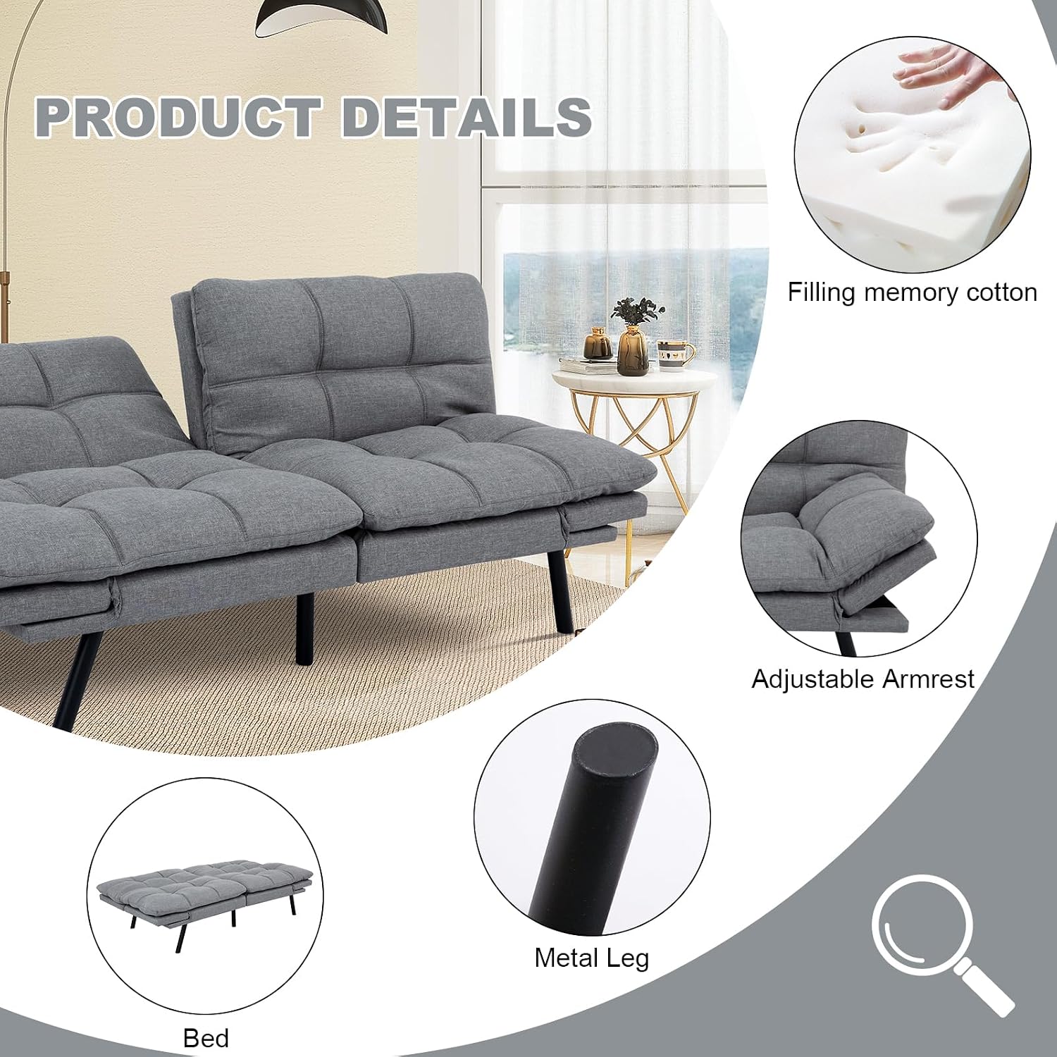 MUUEGM Futon Sofa Bed Convertible Couch,Memory Foam Futon Sofa Couch,Sleeper Futons Sofa Couches,Small Splitback Modern Loveseat Sofa Bed for Living Room,Office,Apartment,Linen Fabric,Light Gray.