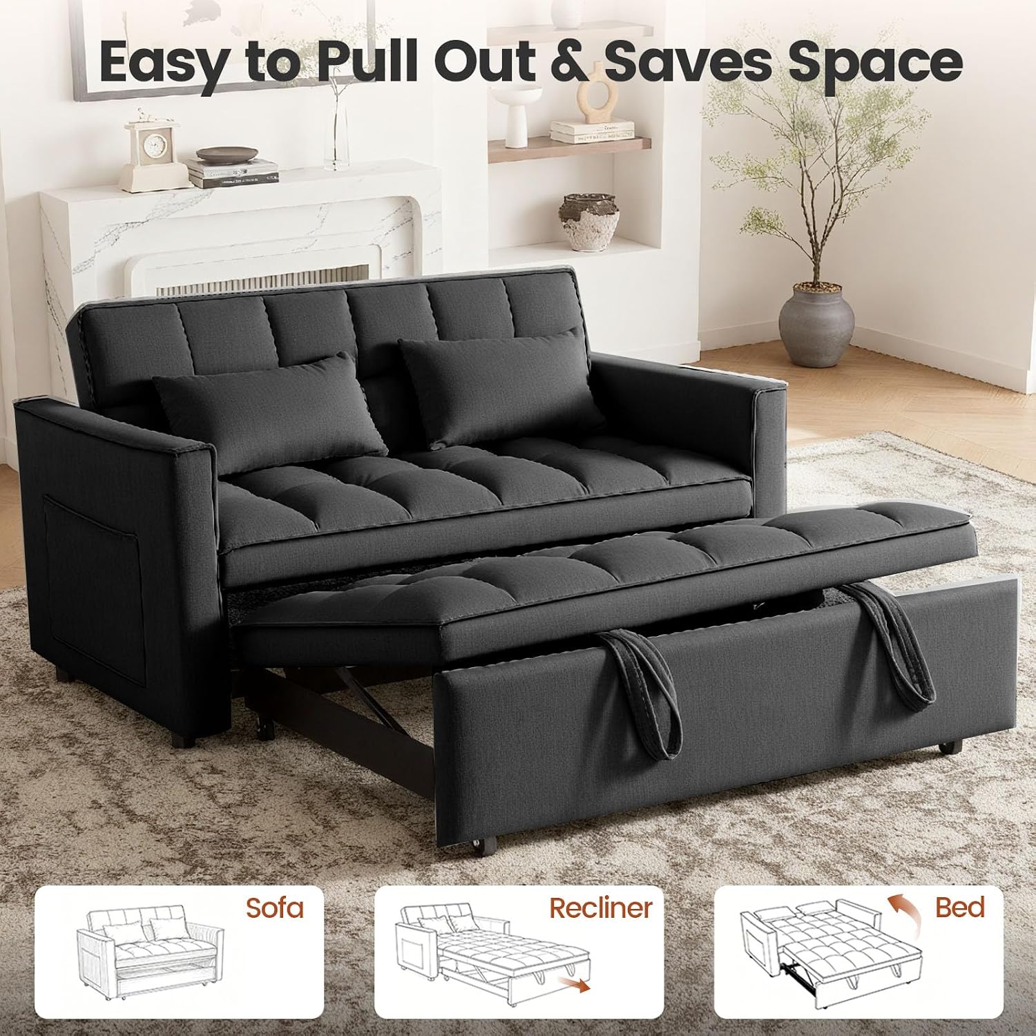 3 in 1 Sofa Bed, Loveseat Sleeper Sofa Bed with Side Pockets, Velvet Fabric Pull Out Couch with Adjustable Backrest for Living Room, Bedroom, Apartment, Black
