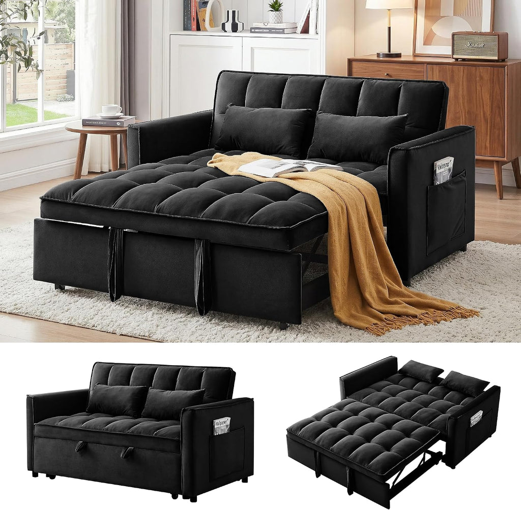 3 in 1 Convertible Sleeper Sofa Bed, 55' Pull Out Couches, Modern Loveseat Sleeper Sofa with Adjustable Reclining Backrest & Side Pockets for Living Room, Velvet Fabric, Black