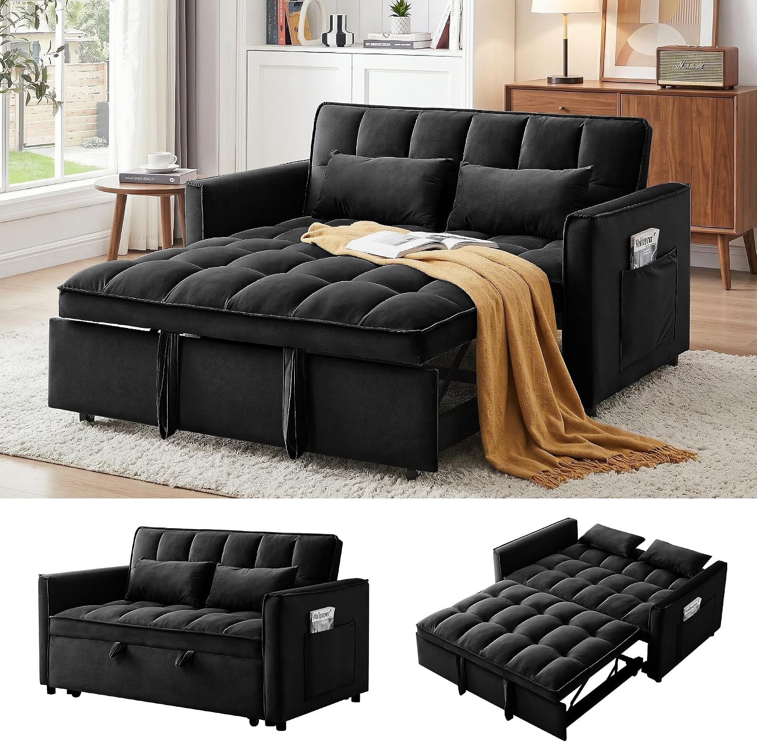 3 in 1 Convertible Sleeper Sofa Bed, 55' Pull Out Couches, Modern Loveseat Sleeper Sofa with Adjustable Reclining Backrest & Side Pockets for Living Room, Velvet Fabric, Black