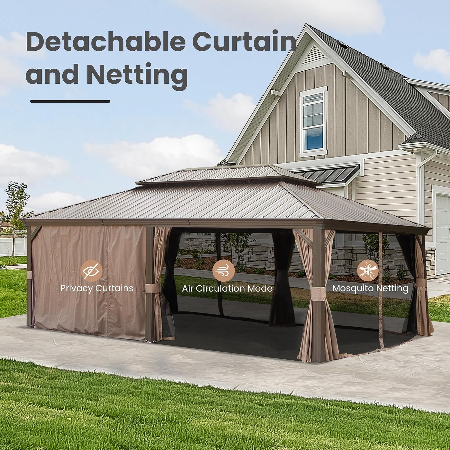 Domi 14' X 20' Hardtop Gazebo, Upgraded Metal Gazebo with Drainage System, Dual-Layer Galvanized Steel Roof, Curtain and Netting, Outdoor Shelter Canopy for Patio, Garden, and Backyard, Brown